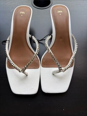 ZARA White Jeweled Square-Toe Slide Heels